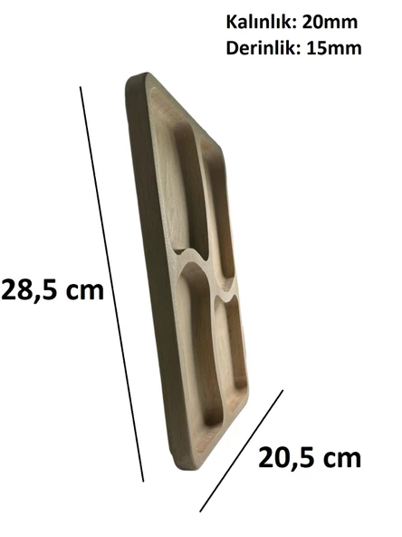 Urgancıoğlu %100 Doğal Gürgen Ağacı 4 Bölmeli Kahvaltı Tabağı - 20,5 x 28,5 cm, Şık ve Fonksiyonel Sunum Aksesuarı