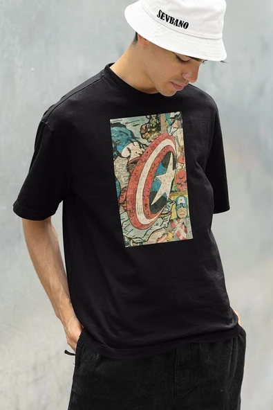 Avengers Kaptan Amerika Karikatür Baskılı Unisex Oversize Tişört