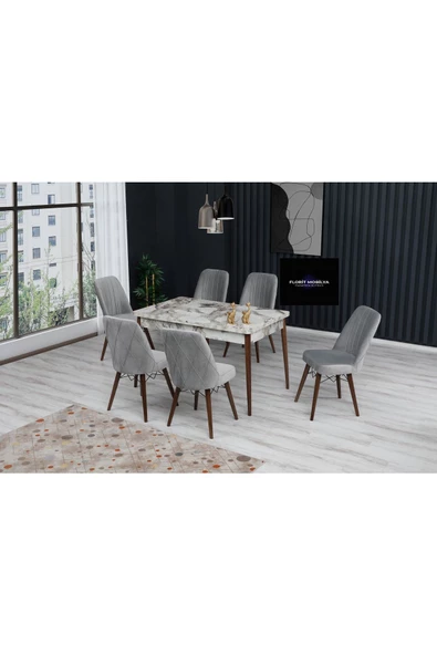 FLORİT MOBİLYA Işıl Serisi 80x130 Açılabilir,6 Kişilik Mutfak Masası Takımı, Yemek Masası Takımı, Masa Takımı- Gri