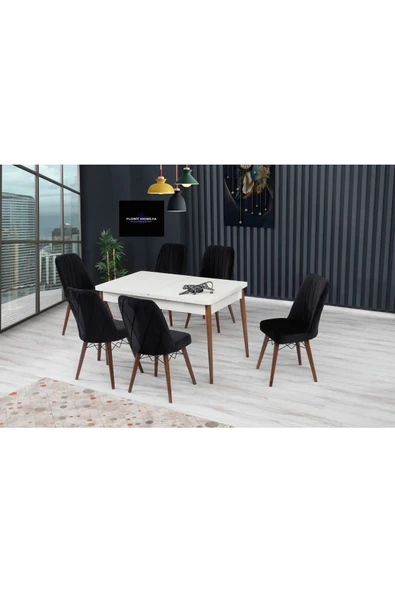 FLORİT MOBİLYA Oya Serisi 80x130 Açılabilir,6 Kişilik Mutfak Masası Takımı, Yemek Masası Takımı, Masa Takımı-siyah
