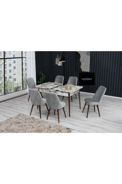 FLORİT MOBİLYA Işıl Serisi 80x130 Açılabilir,6 Kişilik Mutfak Masası Takımı, Yemek Masası Takımı, Masa Takımı- Gri - 2