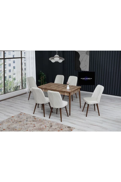 FLORİT MOBİLYA Ilga Serisi 80x130 Açılabilir,6 Kişilik Mutfak Masası Takımı, Yemek Masası Takımı, Masa Takımı-krem