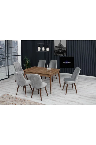 FLORİT MOBİLYA Duru Serisi 80x130 Açılabilir,6 Kişilik Mutfak Masası Takımı, Yemek Masası Takımı, Masa Takımı- Gri