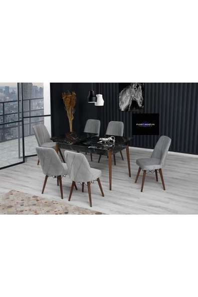 FLORİT MOBİLYA Şık Serisi80x130 Açılabilir,6 Kişilik Mutfak Masası Takımı, Yemek Masası Takımı, Masa Takımı-gri - 2