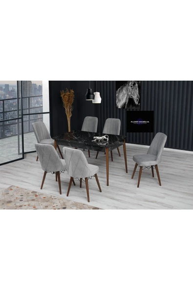 FLORİT MOBİLYA Şık Serisi80x130 Açılabilir,6 Kişilik Mutfak Masası Takımı, Yemek Masası Takımı, Masa Takımı-gri