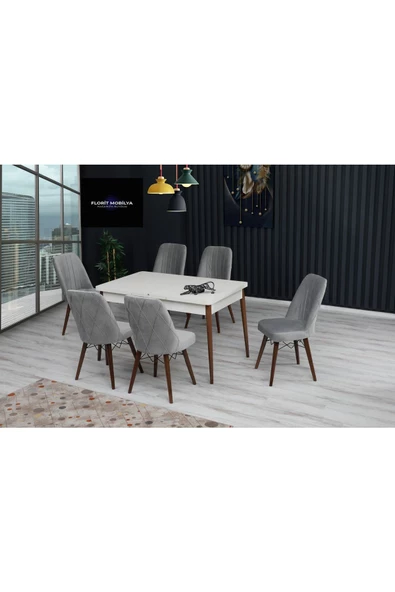 FLORİT MOBİLYA Oya Serisi 80x130 Açılabilir,6 Kişilik Mutfak Masası Takımı, Yemek Masası Takımı, Masa Takımı- Gri
