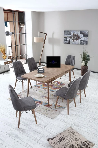 FLORİT MOBİLYA Ares Serisi 80x130 Açılabilir,6 Kişilik Mutfak Masası Takımı, Yemek Masası Takımı, Masa Takımı- Gri - 2