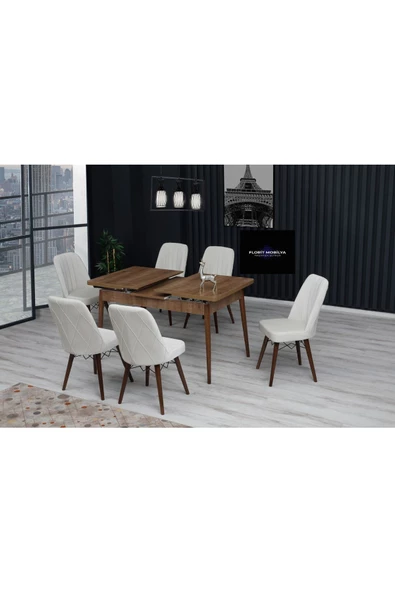 FLORİT MOBİLYA Duru Serisi 80x130 Açılabilir,6 Kişilik Mutfak Masası Takımı, Yemek Masası Takımı, Masa Takımı- Krem