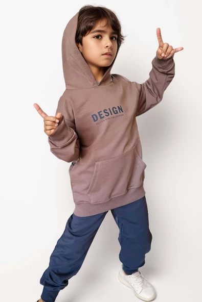 Erkek Çocuk Sırt Baskılı Design Kapüşonlu Sweatshirt Likralı Kahverengi Eşofman Takım