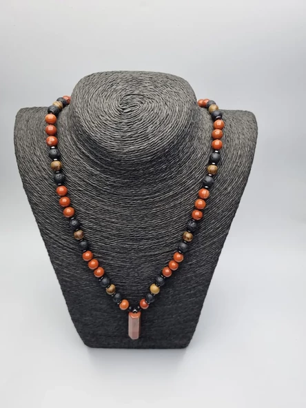 8 mm Kızıl Jasper, Lav, Hematit Taşı ve Diken Ağacı Doğaltaş Kombin Kolye - 3