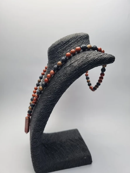 8 mm Kızıl Jasper, Lav, Hematit Taşı ve Diken Ağacı Doğaltaş Kombin Kolye - 2