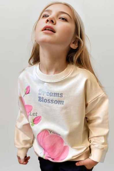 Kız Çocuk Lale Baskılı Kazak Yazı Detaylı Alt Eşofman Krem Eşofman Takım - 5