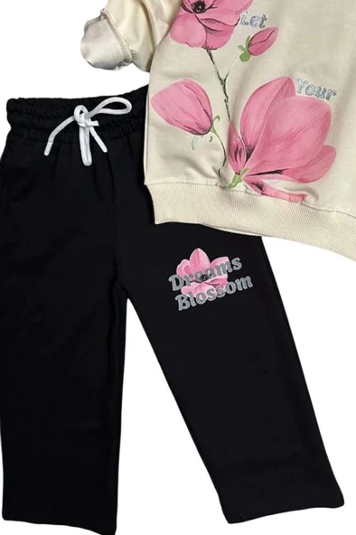 Kız Çocuk Lale Baskılı Kazak Yazı Detaylı Alt Eşofman Krem Eşofman Takım - 3