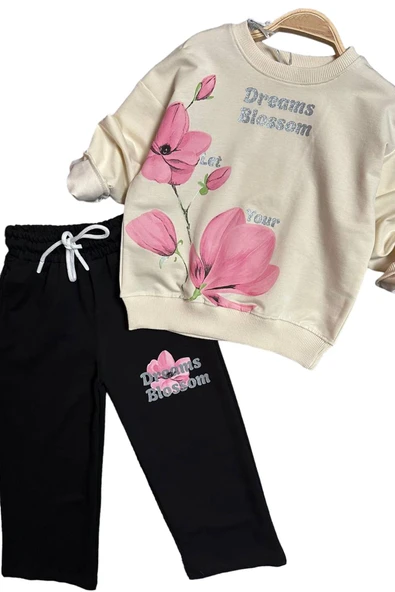 Kız Çocuk Lale Baskılı Kazak Yazı Detaylı Alt Eşofman Krem Eşofman Takım - 6