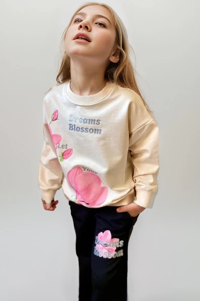 Kız Çocuk Lale Baskılı Kazak Yazı Detaylı Alt Eşofman Krem Eşofman Takım - 4