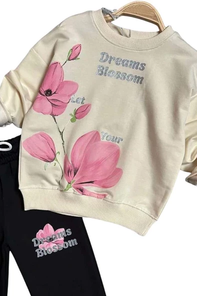 Kız Çocuk Lale Baskılı Kazak Yazı Detaylı Alt Eşofman Krem Eşofman Takım - 2