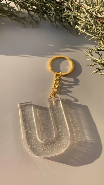 U Harfi Fosforlu Neon Yeşil Renk Parlak Simli Gold Aksesuarlı Anahtarlık El Yapımı Epoksi Hediyelik - 6