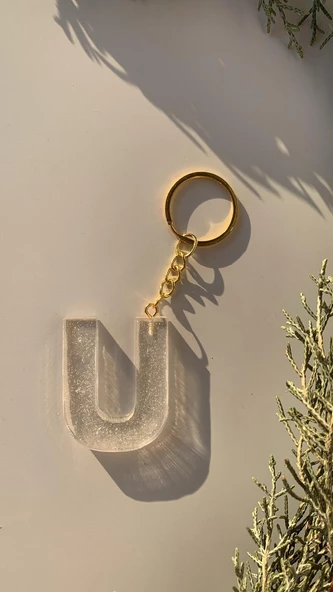U Harfi Fosforlu Neon Yeşil Renk Parlak Simli Gold Aksesuarlı Anahtarlık El Yapımı Epoksi Hediyelik - 4