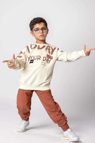 Erkek Çocuk Your Day Fırça Yazı Baskılı Sweatshirt Kiremit Eşofman Takım - 1