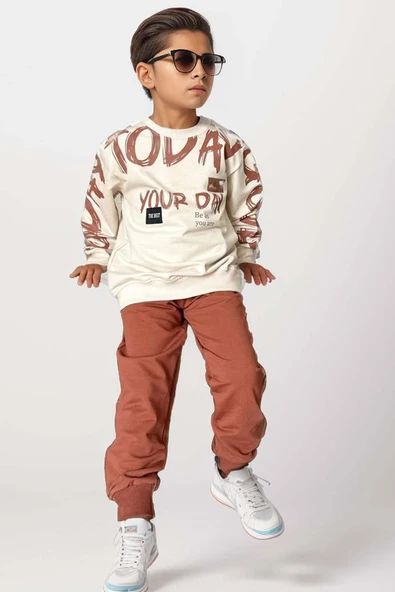 Erkek Çocuk Your Day Fırça Yazı Baskılı Sweatshirt Kiremit Eşofman Takım - 2