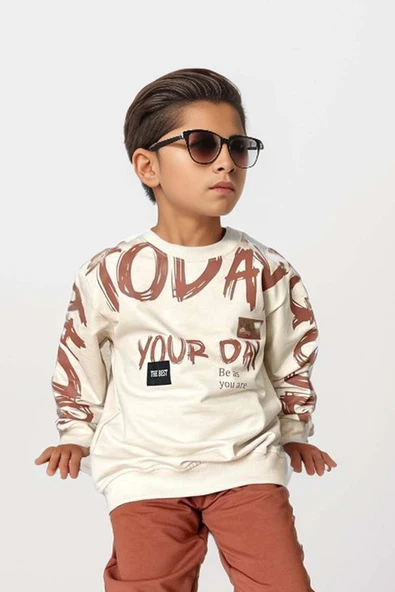 Erkek Çocuk Your Day Fırça Yazı Baskılı Sweatshirt Kiremit Eşofman Takım - 3