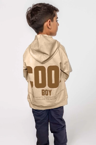 Erkek Çocuk Cool Boy Çift Baskılı Cepli Kapüşonlu Bej Sweatshirt Eşofman Takım - 2