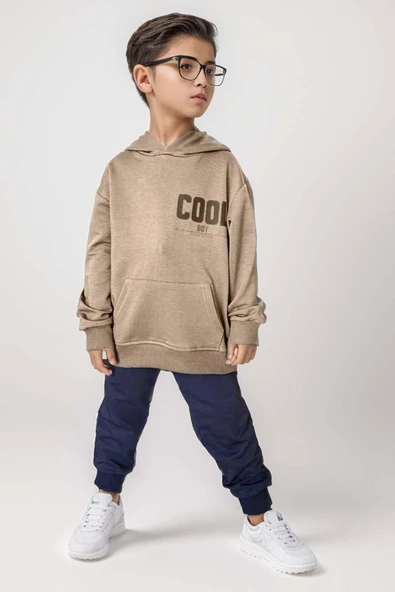 Erkek Çocuk Cool Boy Çift Baskılı Cepli Kapüşonlu Bej Sweatshirt Eşofman Takım - 1