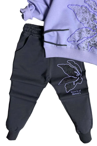 Kız Çocuk Yaprak Nakış İşlemeli ve Flowers Baskılı Lila Eşofman Takım - Resim 3