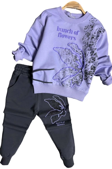Kız Çocuk Yaprak Nakış İşlemeli ve Flowers Baskılı Lila Eşofman Takım ürün görseli