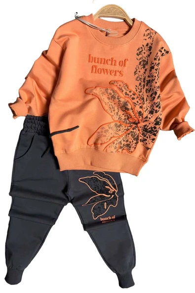 Kız Çocuk Yaprak Nakış İşlemeli ve Flowers Baskılı Turuncu Eşofman Takım ürün görseli