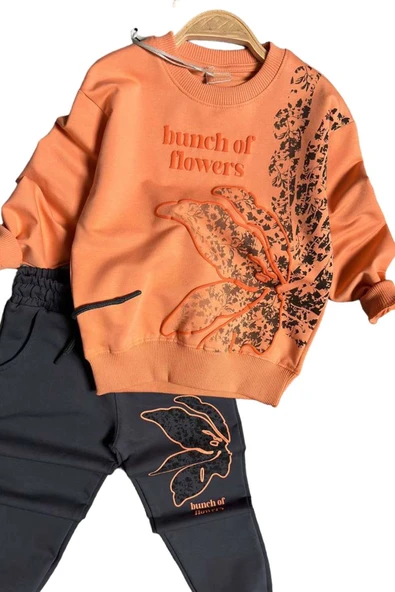 Kız Çocuk Yaprak Nakış İşlemeli ve Flowers Baskılı Turuncu Eşofman Takım - Resim 2