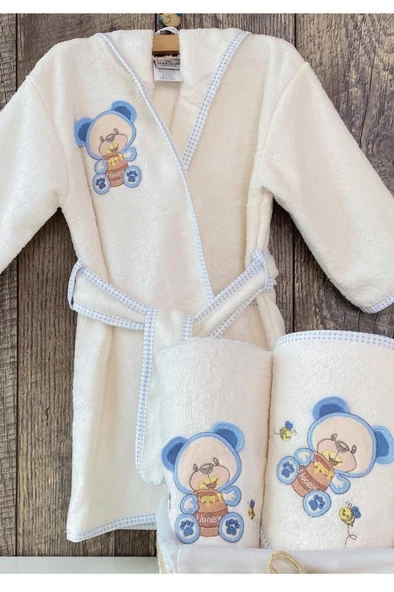 Ayıcık Bebek Bornoz Seti 0-3 Yaş Mavi