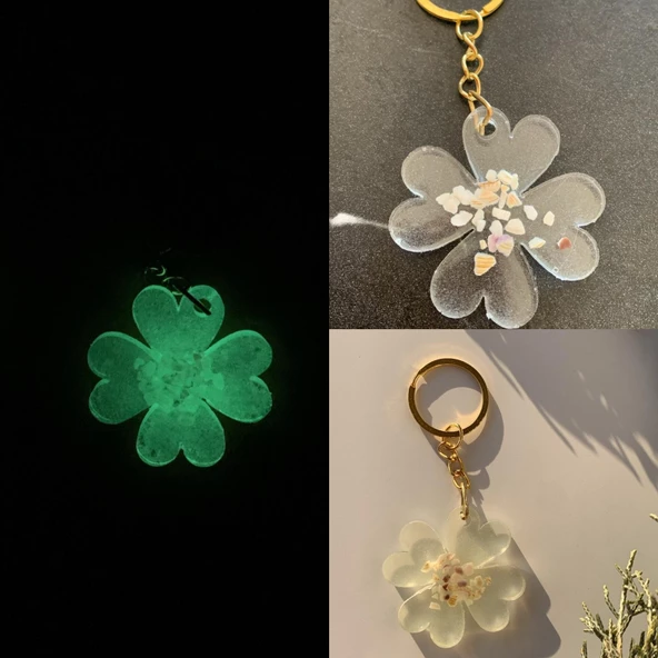 Yonca Şekil Fosforlu Neon Yeşil Renk Deniz Kabuklu Gold Aksesuarlı Anahtarlık El Yapımı Epoksi ürün görseli