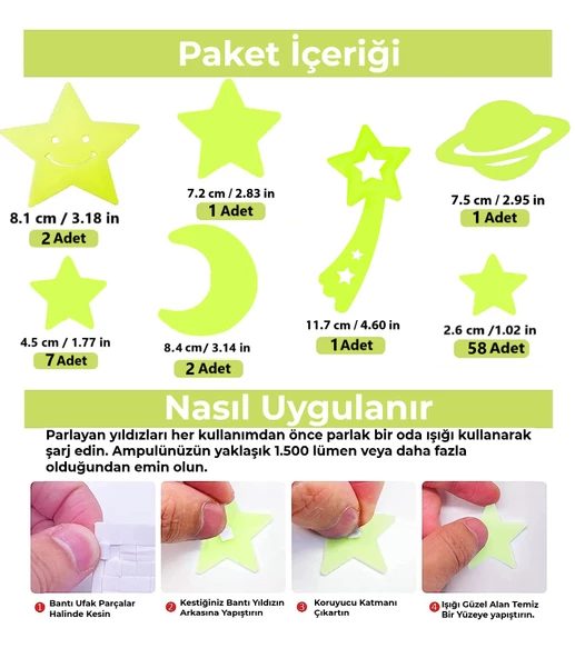 Karanlıkta Parlayan Gezegen Yıldız Ve Ay Modeli Sticker 72 Adet - 2