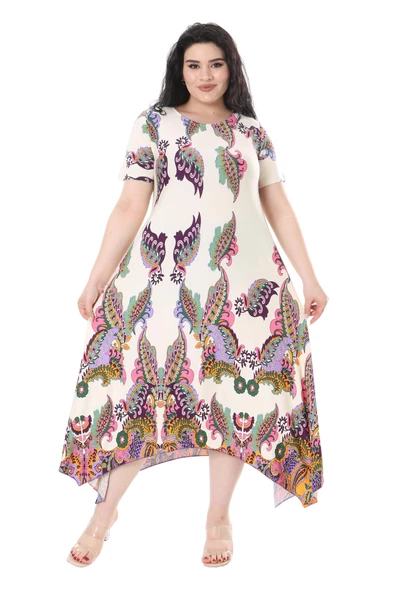 Melsay Butik Krem Renkli Şal Desen Asimetrik Kısa Kollu Elbise - Resim 5