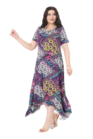 Melsay Butik Mor Patchwork Desen Asimetrik Kısa Kollu Elbise