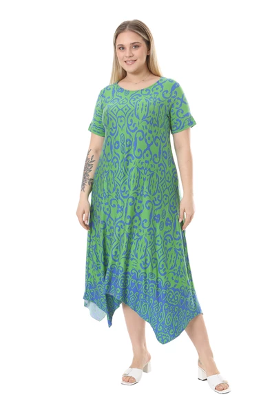 Melsay Butik Yeşil Mavi Kilim Desen Asimetrik Kısa Kollu Elbise ürün görseli