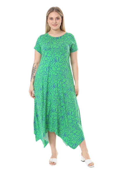 Melsay Butik Yeşil Çiçek Desen Asimetrik Kısa Kollu Elbise - 3