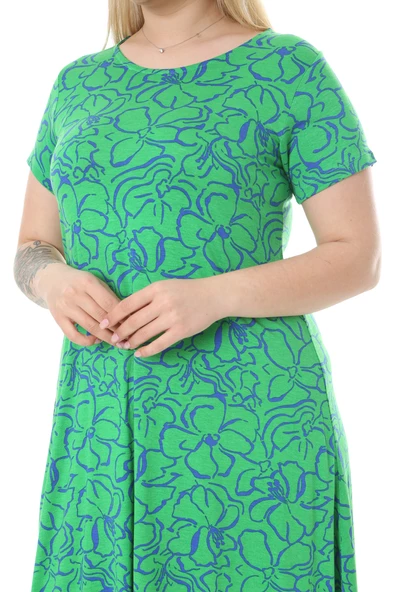 Melsay Butik Yeşil Çiçek Desen Asimetrik Kısa Kollu Elbise - 5
