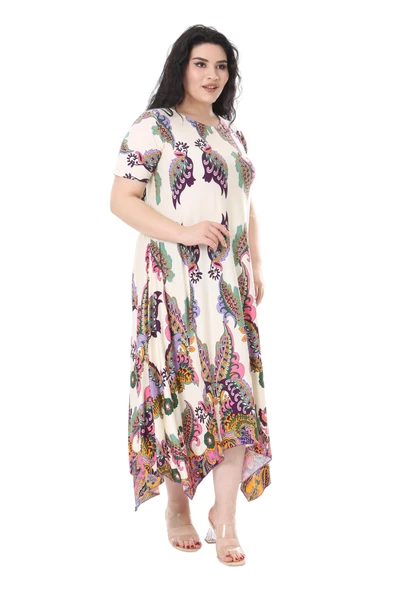 Melsay Butik Krem Renkli Şal Desen Asimetrik Kısa Kollu Elbise - Resim 2