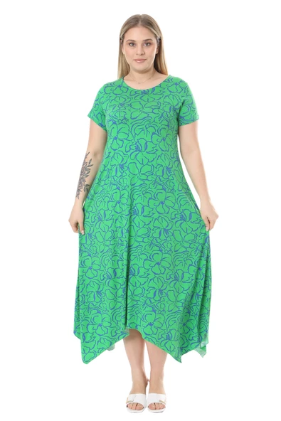 Melsay Butik Yeşil Çiçek Desen Asimetrik Kısa Kollu Elbise - 4
