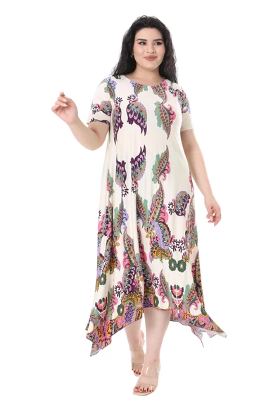 Melsay Butik Krem Renkli Şal Desen Asimetrik Kısa Kollu Elbise ürün görseli
