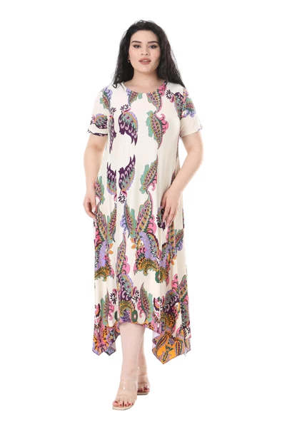 Melsay Butik Krem Renkli Şal Desen Asimetrik Kısa Kollu Elbise - Resim 4