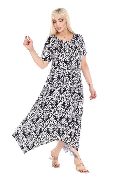 Melsay Butik Beyaz Dantel Desen Asimetrik Kısa Kollu Elbise ürün görseli