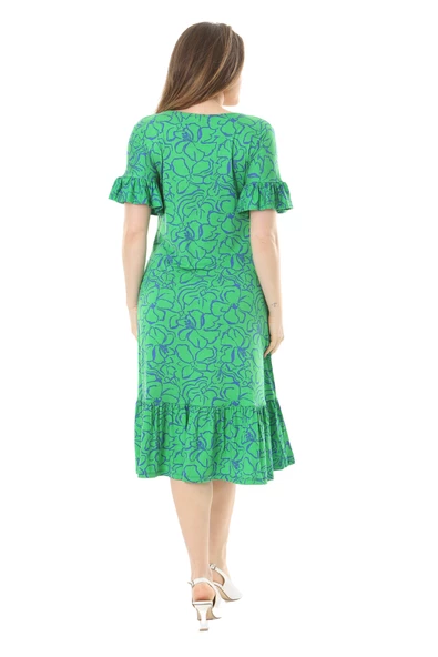 Melsay Butik Fırfırlı Kısa Kollu Yeşil Çiçek Desenli Cepli Elbise - Resim 6