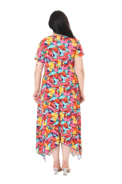 Melsay Butik Sarı Gül Desen Asimetrik Kısa Kollu Elbise - 6