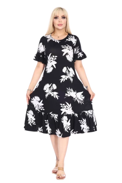 Melsay Butik Fırfırlı Kısa Kollu Siyah Beyaz Yaprak Desenli Cepli Elbise ürün görseli