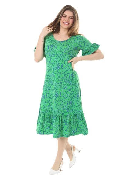 Melsay Butik Fırfırlı Kısa Kollu Yeşil Çiçek Desenli Cepli Elbise - Resim 3