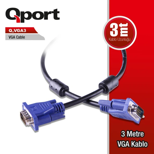 Qport Q-VGA3 3m filtreli VGA (Monitör)kablosu ürün görseli 1