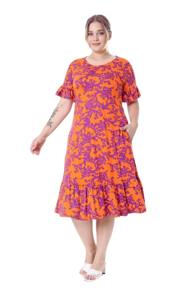 Melsay Butik Kısa Kollu Fırfırlı Cepli Turuncu Mor Mercan Desenli Midi Elbise - 1